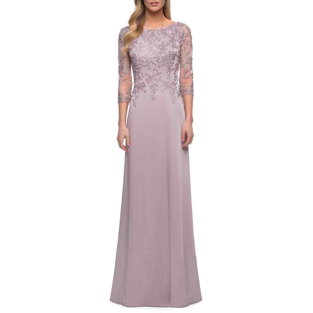 La Femme Purple Lavender Mauve Floral Appliqué Jersey Column Gown Size 4